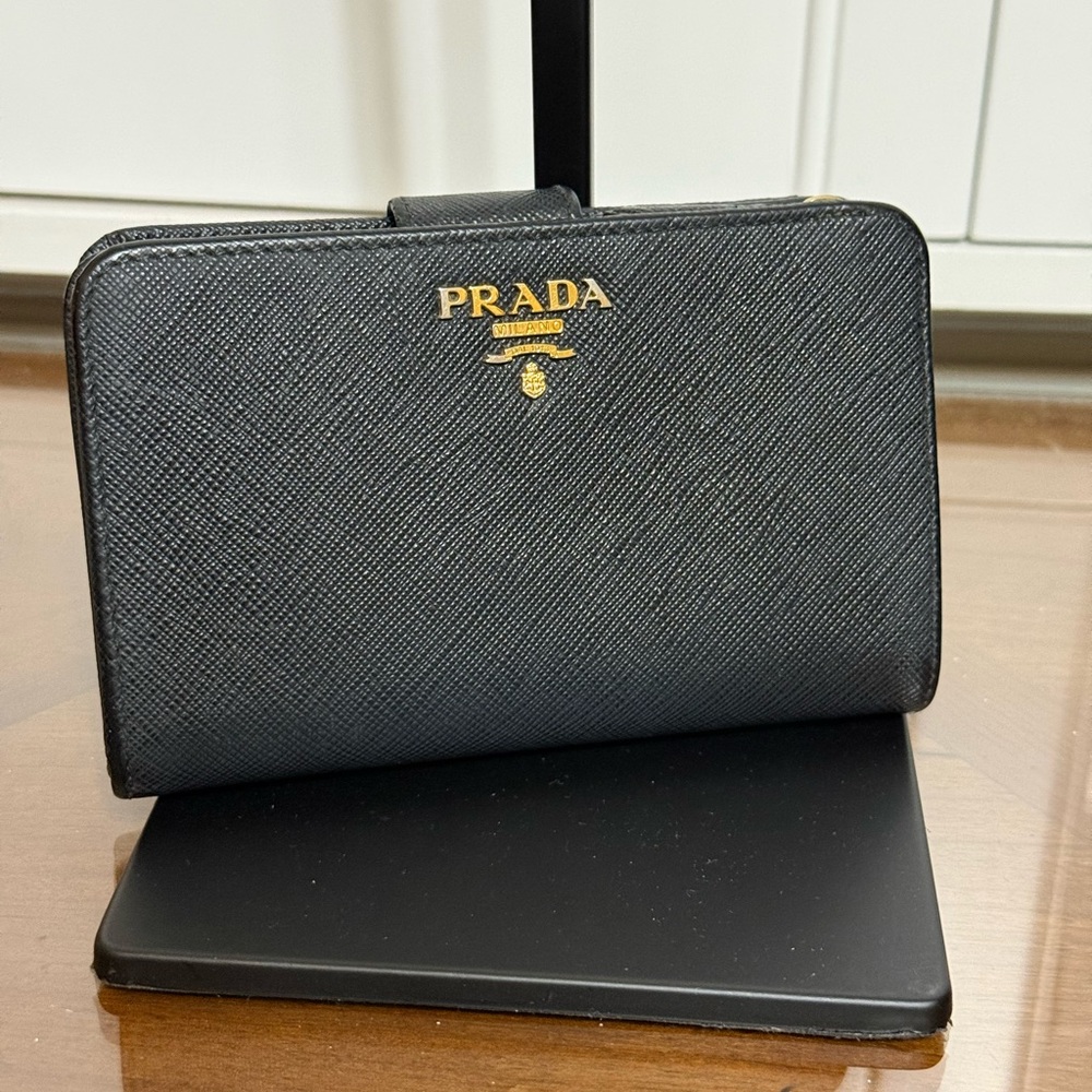 Prada Black Saffiano Zip Around Wallet with Gold Logo